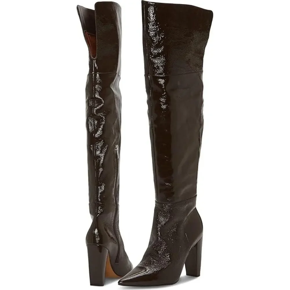 New Vince Camuto Minnada Wide-Calf Over-The-Knee Boot in Root Beer Patent Size 7